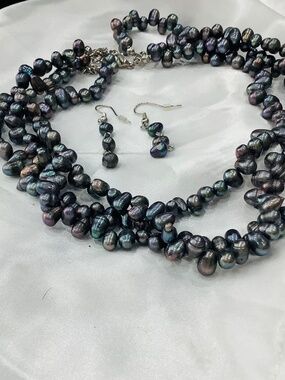 Elegant Triple Strand Freshwater Pearl Necklace Earring set Mothers Day Gift